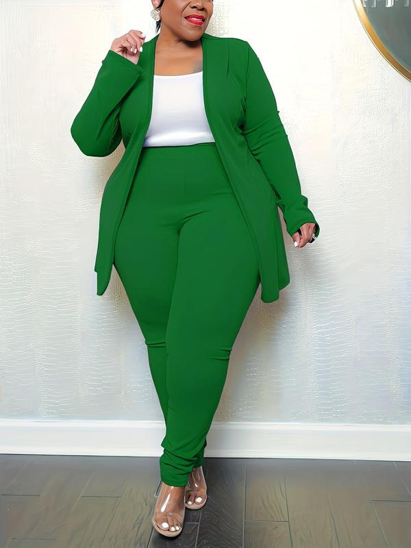 Plus Size Solid Long Sleeve Coat & Elastic Waist Skinny Pants Set, Casual Open Front Outerwear & High Waist Trousers,  Summer Outfits 2024 Sets, Two Piece Set Women, Women's Spring & Fall Outfits