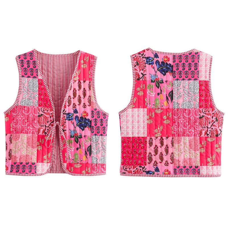 Women's Floral Quilted Puffer Vest Lightweight Sleeveless Open Front Cropped Padded Outwear Vest Tie Front Fall Waistcoat Party Streetwear