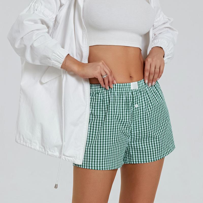 Women’s Plaid Print Shorts Elastic Low Waist Button Front Lounge Shorts Boxers Streetwear Casual Daily Outfit