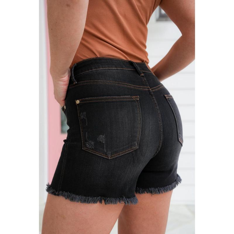 Judy Blue Texas Hold 'Em Black Tummy Control Frayed Hem Shorts