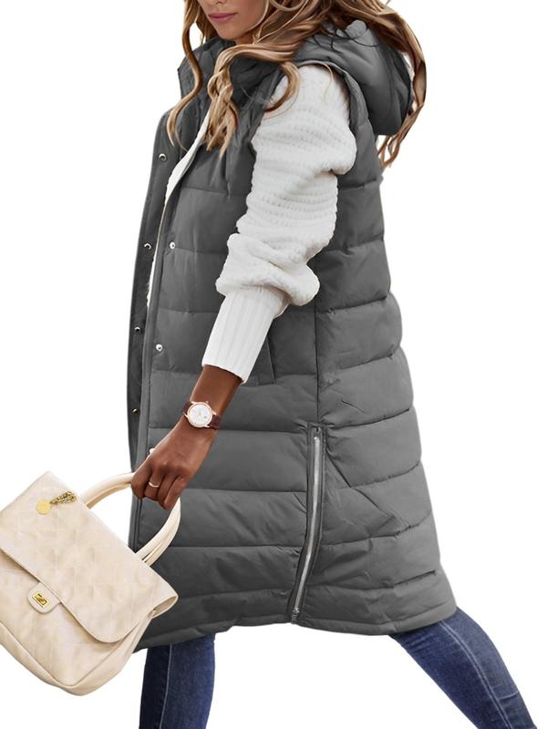 Women's Solid Button Front Hooded Vest Winter Coat, Casual Zipper Design Pocket Design Sleeveless Hooded Outerwear for Fall & Winter, Jackets for Women, Winter Clothes Women, Women's Tops Clothing for Daily Wear