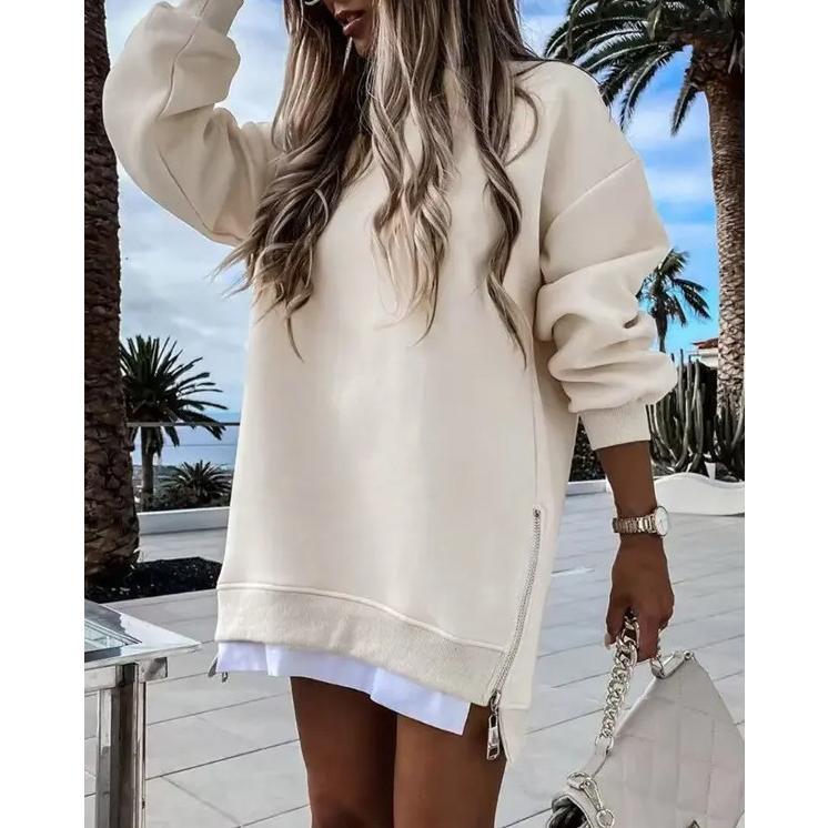 Womens Long Sleeve Pullover Sweatshirt Zipper Slit Casual Dress