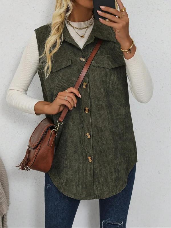 Women's Solid Button Front Corduroy Vest Coat, Casual Sleeveless Collared Outerwear for Spring & Fall, Ladies Clothes for Daily Wear