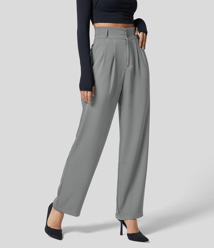 Halara High Waisted Button Zipper Plicated Side Pocket Shirred Straight Leg Work Suit Pants