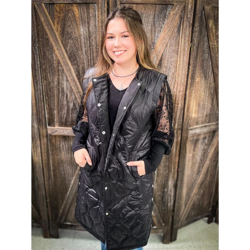 Phoenix Long Quilted Button Vest Duster in Black  Womenswear