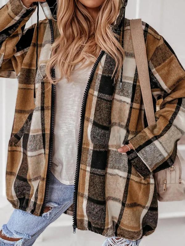  Plaid Print Drawstring Zip Up Hooded Jacket, Casual Long Sleeve Pocket Outerwear for Fall & Winter, Women's Clothes for Daily Wear