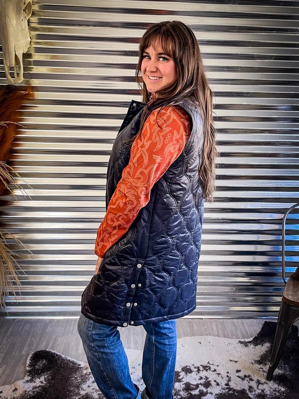 Phoenix Long Quilted Button Vest Duster in Black  Womenswear