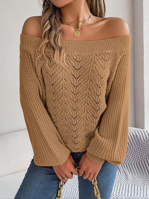 Women's Plain Hollow Out Lantern Sleeve Sweater, Casual Off Shoulder Long Sleeve Jumper For Fall & Winter, Women's Knitwear Top For Daily Wear