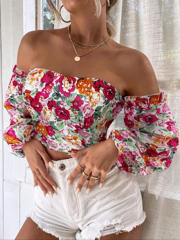 Women's Ditsy Floral Print Frill Shirred Off Shoulder Crop Blouse, Boho Flounce Sleeve Crop Top for Spring & Fall, Fall Clothing Women, Women's Clothes for Daily Vacation Outdoor, Comfort Womenswear, Summer Outfits 2024, Black Girl Outfits