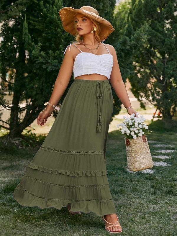  Plain Contrast Lace Ruffle Trim Tie Front Vintage Skirt, Summer Outfits, Plus Boho Elastic Waist A Line Long Skirt, Women's Plus Summer Bottoms