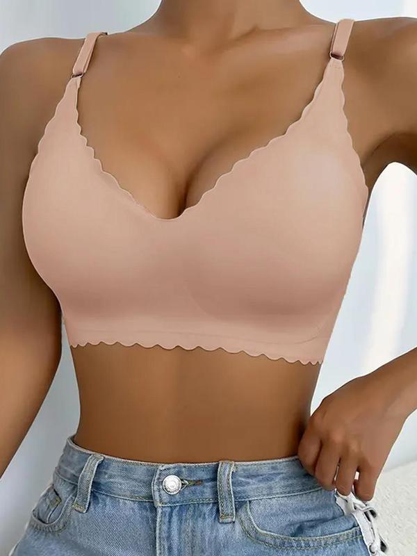 Women's Basic Plain Scallop Trim Adjustable Strap Bra, Push Up Bra, Casual Solid Wireless Bra, Summer Wear 2024, Soft Comfy Breathable Lingerie for All Seasons