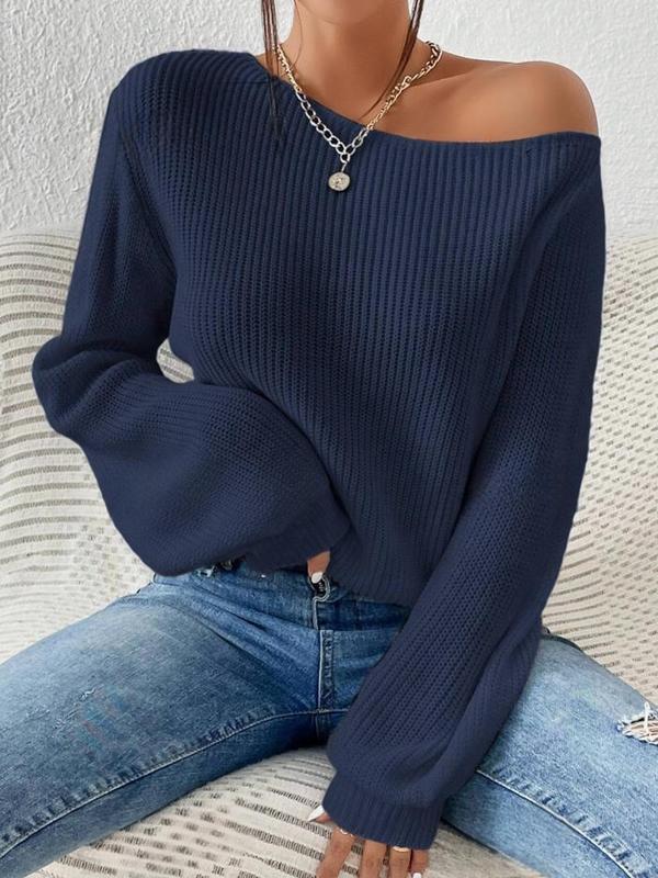 Women's Minimalist Solid Drop Shoulder Asymmetrical Neck Knit Tops, Lady Basic Casual Fit Fall Womenswear Long Sleeve Knitting Jumper, Crochet Tops, Women's Sweater Knitwear for Daily Wear Y2k