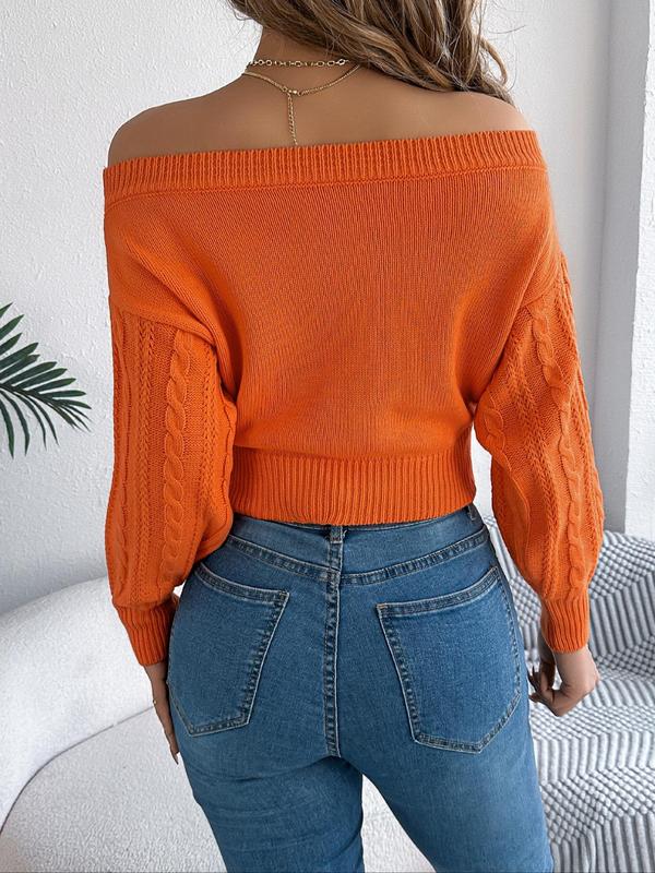 Women's Plain Off Shoulder Bishop Sleeve Sweater, Casual Long Sleeve Jumper for Fall & Winter, Fashion Ladies' Knitwear for Daily Wear