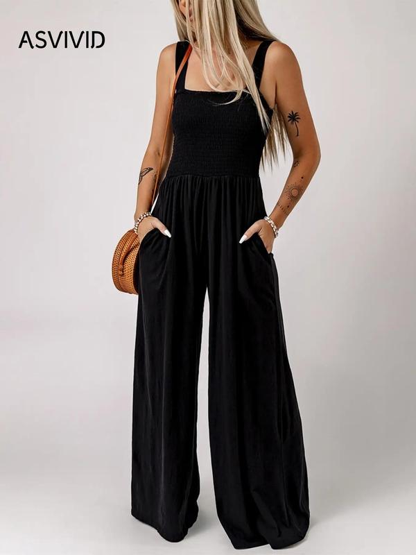 Women's Summer Plain Backless Shirred Wide Leg Cami Jumpsuit, Summer Clothes Women, Back To School Outfits, Casual Pocket Square Neck Overall Jumpsuit, Ladies Clothes for Daily Wear