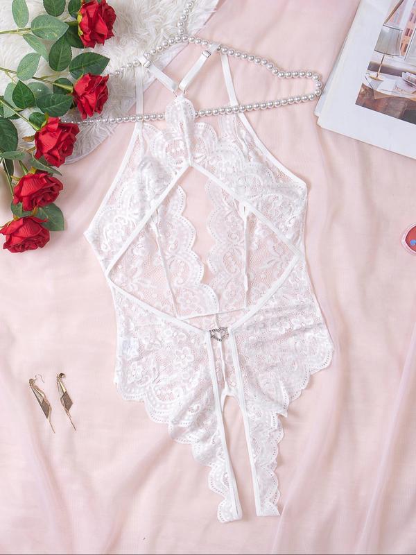 Women's Floral Lace Backless Heart Decor Cami Bodysuit, Sexy Hollow Out Scallop Trim Bowknot Decor Bodysuit for Women, Ladies Underwear for All Seasons