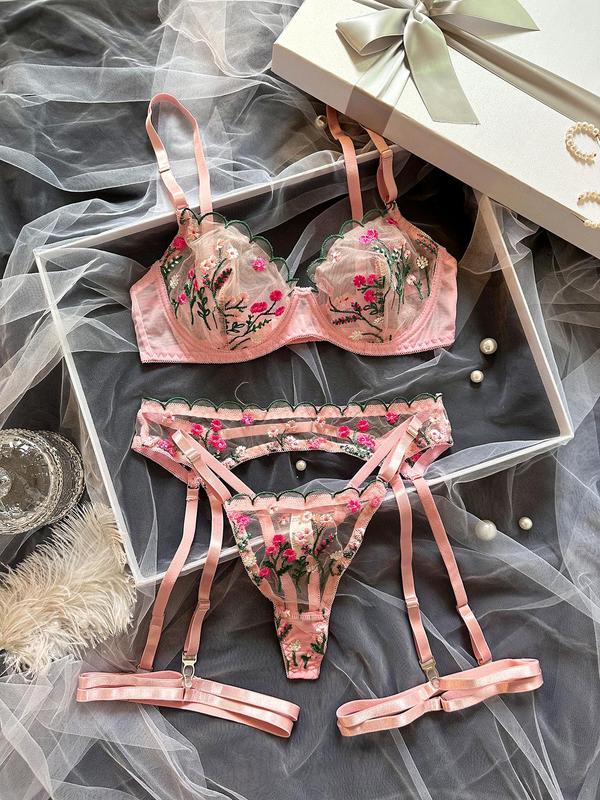 Women's Floral Lace Bra & Thong & Garter Belt Sexy Lingerie Set, Adjustable Strap Sheer Sexy Lingerie Set, Lingerie Set for Women