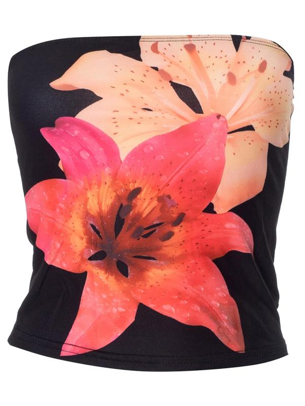 Women's Floral Print Backless Crop Tube Top, Fashion Casual Sleeveless Top for Daily Outdoor Wear, Women's Clothes for Summer