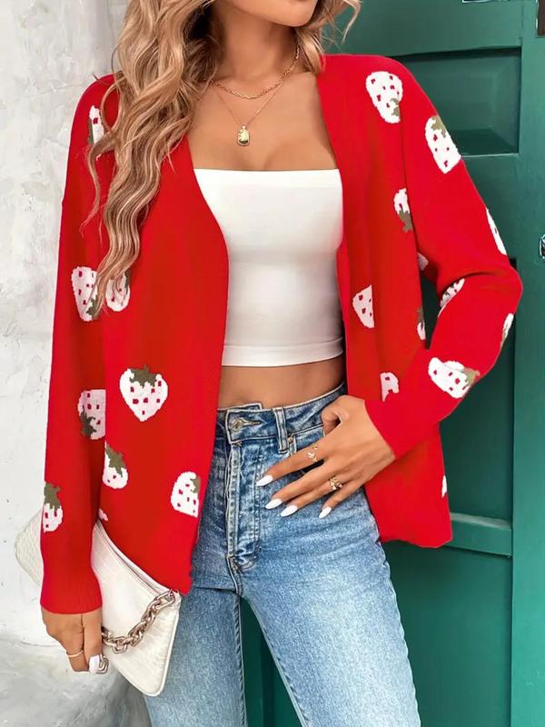  Strawberry Print Drop Shoulder Cardigan, Casual Long Sleeve Open Front Knitwear for Fall & Winter, Women's Plus Clothing for Daily Wear, Going Out Outifits