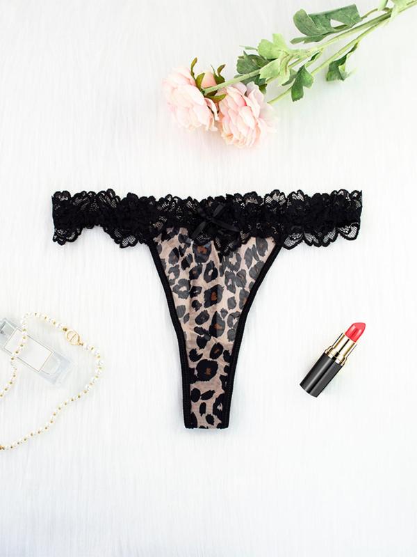 Two-Piece Set Women's Leopard Print Contrast Lace Push Up Bra & Thong, Soft Comfortable Breathable Underwear Set for Daily Wear, Lingerie Set for Women