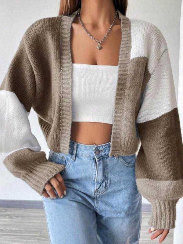 Women's Patchwork Drop Shoulder Crop Cardigan, Fall Outfits, Casual Bishop Sleeve Open Front Knitwear for Fall, Fashion Women's Knit Clothing for Daily Wear, Fall Clothing, Downtown Girl Clothes