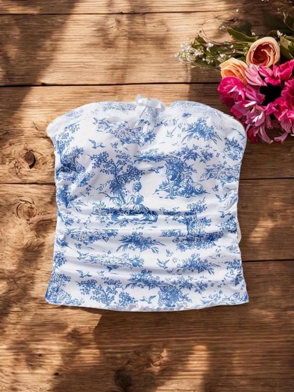 Women's Floral Print Bow Decor Lettuce Trim Crop Tube Top, Back To School Elegant Ruched Backless Strapless Cropped Top for Summer, Ladies Clothes for Beach Holiday Vacation