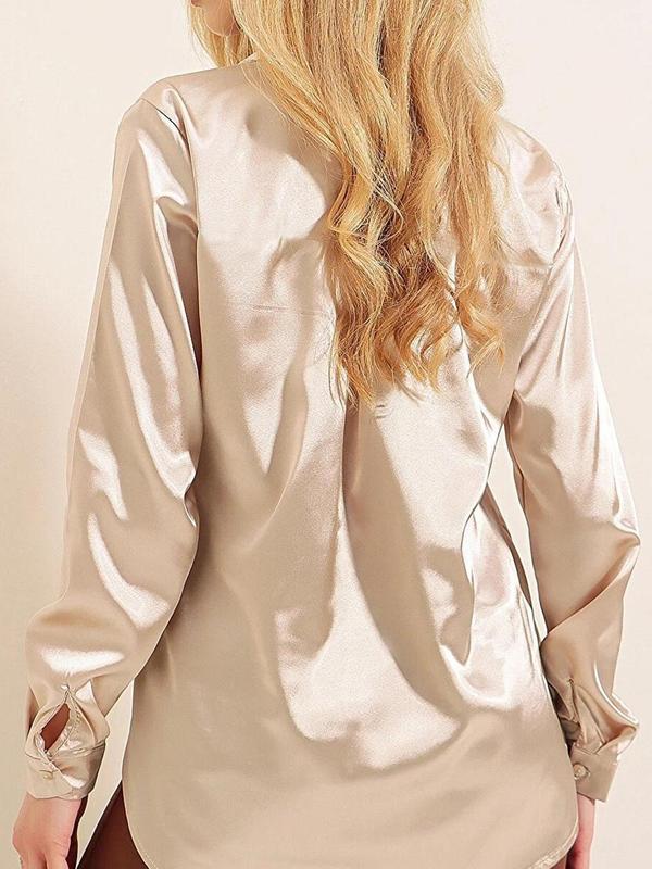 Women's Solid Button Front Satin Shirt, Elegant Long Sleeve Collared Top for Daily Wear, Ladies Clothes for All Seasons