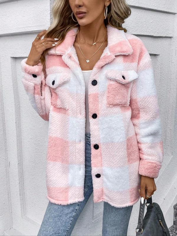 Women's Colorblock Plaid Print Button Front Drop Shoulder Fuzzy Coat, Casual Long Sleeve Button Decor Flap Pocket Collared Outerwear for Fall & Winter, Ladies Clothes for Daily Wear