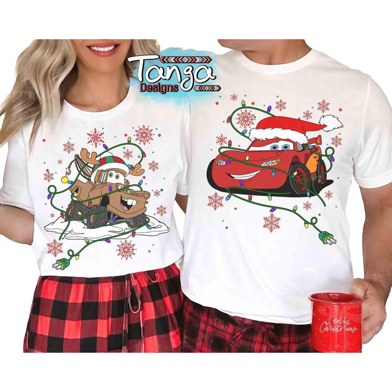 Santa MC Queen and Tow Mater Christmas Light Couple T-shirt, Cartoon Cars Land Very Merry Xmas Party Tee Sweatshirt, Christmas Gift C4LUR