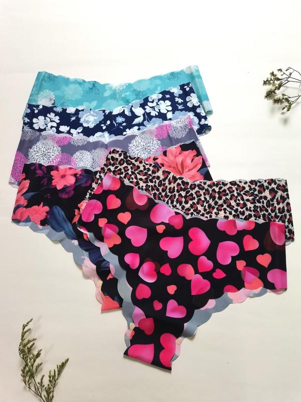 Women's All Over Print Scallop Trim Knicker, Comfy Breathable Seamless Panty, Summer Panties, Ladies Underwear for Daily Wear