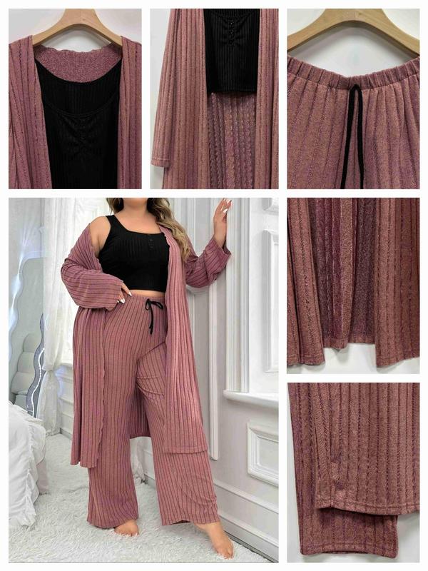  Three-Piece Set Solid Scoop Neck Crop Top & Drawstring Waist Pants & Open Front Long Sleeve Outwear Loungewear Set, Casual Comfy Pyjama Set for Women, Women's Sleepwear for All Seasons