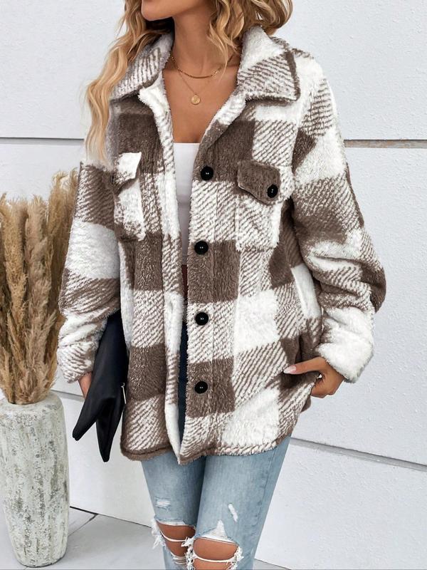 Women's Colorblock Plaid Print Button Front Drop Shoulder Fuzzy Coat, Casual Long Sleeve Button Decor Flap Pocket Collared Outerwear for Fall & Winter, Ladies Clothes for Daily Wear