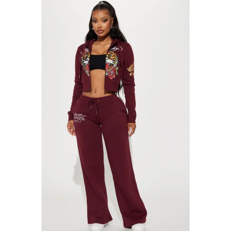 ED HARDY BURGUNDY RETRO TIGER WIDE LEG PANTS women's bottom y2k loose wide