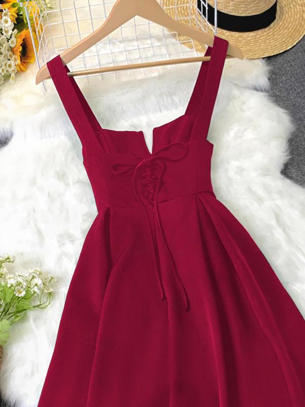 Women's Solid Lace Up Cami Dress, Birthday Dresses 2024, Elegant Vintage Backless Plicated A Line Dress for Party Wedding Guest, Dresses for Women, Summer Dresses 2024, Ladies Summer Clothes, Womenswear