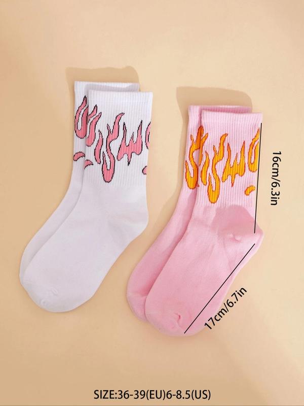 2 Pairs Fire Print Crew Socks, Fashion Casual Comfy Socks for Daily Outdoor Wear, Women's Socks for All Seasons