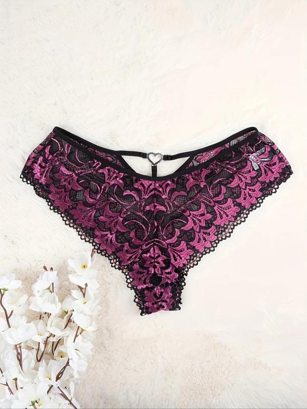  Colorblock Heart Decor Contrast Lace Panty, Soft Comfy Breathable Knicker for Daily Wear, Women's Underwear for All Seasons