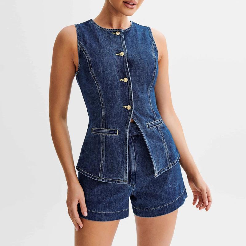 Women's Denim Long Vest Tops, Button-up Back Slit Sleeveless Pocket Round Neck Waistcoat, Casual Vest 2024, Ladies Top for Indoor Outdoor Wear, Ladies Clothes for Daily Wear