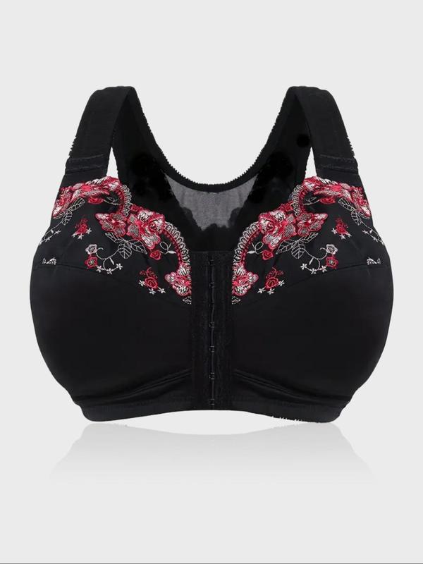 Plus Size Floral Embroidery Contrast Mesh Wireless Bra, Hook & Eye Front Criss Cross Lingerie Top, Women's Underwear for All Seasons