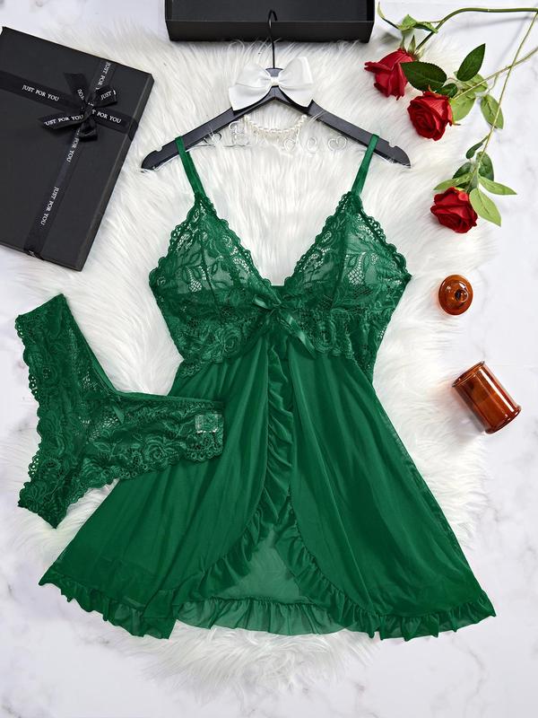 Women's Contrast Lace Ruffle Trim Wrap Cami Nightdress & Bow Front Panty Set, Comfort Fabric Adjustable Spaghetti Strap Backless Sleep Dress & Knicker Set, Underwear for Women, Back To School Sleepwear, Fall Wear 2024, 2 Piece Sets Women