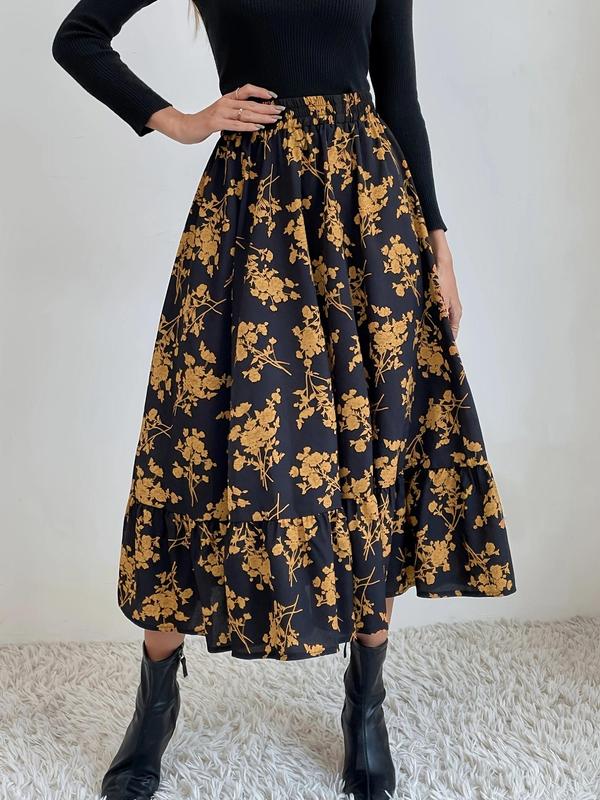 Women's Floral Print Elastic Waist A Line Vintage Skirt, Daily Skirts for Women, Elegant High Waist Midi Skirt for Vacation Holiday Party, Ladies Spring & Fall Clothes, Birthday Gifts