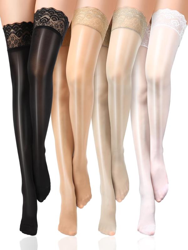 4 Pairs Shiny Thigh High Stockings Oil Silicone Lace Top Sheer Tights Over Knee Stockings Silky Socks for Women