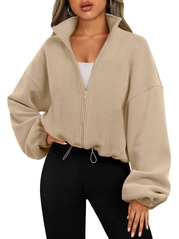 Women's Solid Color Polar Fleece Zip Up Coat, Casual Long Sleeve Collared Outerwear for Fall & Winter, Ladies Clothes for Daily Wear