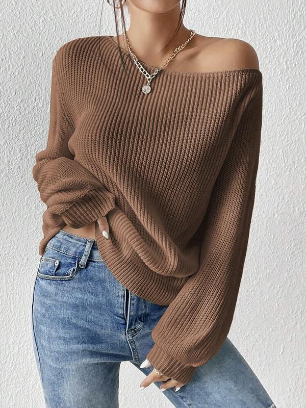 Women's Minimalist Solid Drop Shoulder Asymmetrical Neck Knit Tops, Lady Basic Casual Fit Fall Womenswear Long Sleeve Knitting Jumper, Crochet Tops, Women's Sweater Knitwear for Daily Wear Y2k