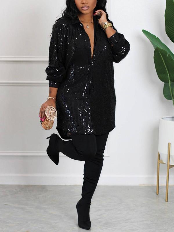 Women's Glitter Sequin Button Front Shirt Dress, Elegant Fashion Party Long Sleeve Drop Shoulder Short Dress for Party Club Dating Wear, Women Dress for Fall & Winter, Elegant Dresses, Dresses for Women