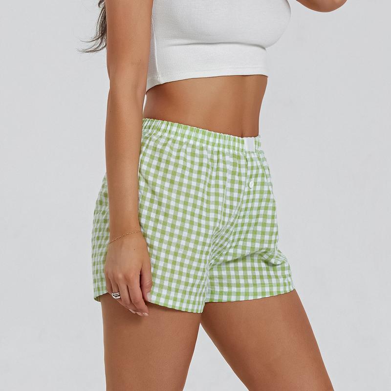 Women’s Plaid Print Shorts Elastic Low Waist Button Front Lounge Shorts Boxers Streetwear Casual Daily Outfit