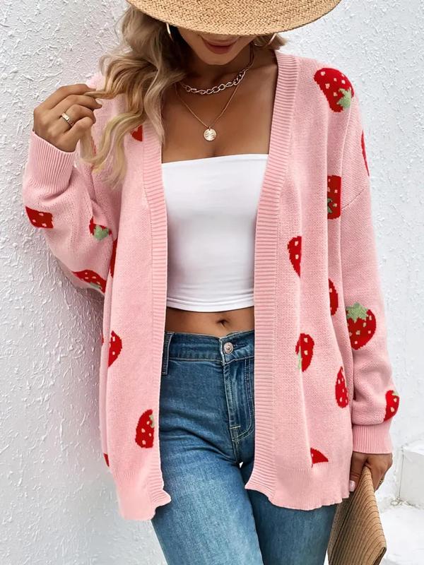  Strawberry Print Drop Shoulder Cardigan, Casual Long Sleeve Open Front Knitwear for Fall & Winter, Women's Plus Clothing for Daily Wear, Going Out Outifits