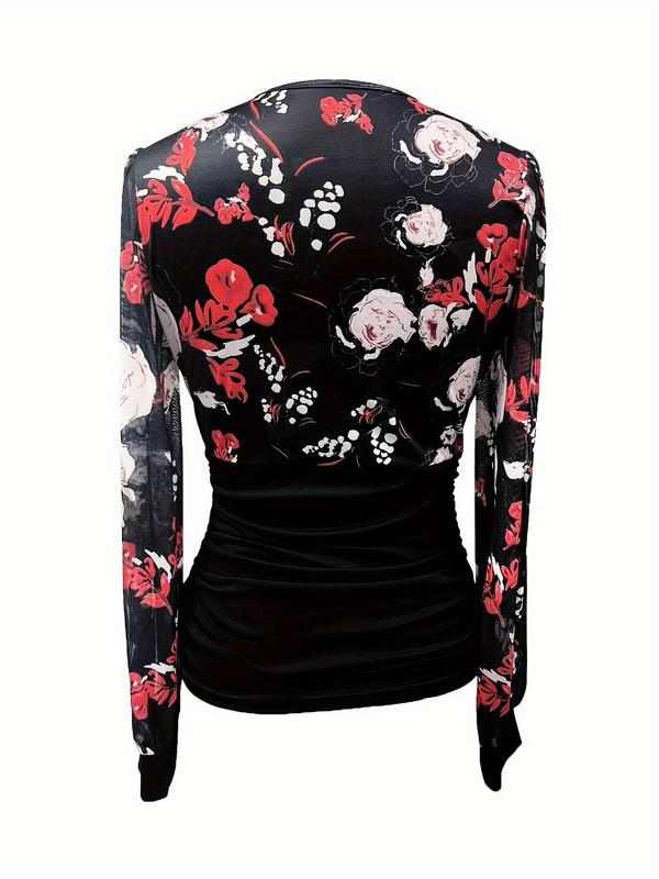 Women's Floral Print Contrast Mesh Ruched Wrap Bishop Sleeve Tee, Elegant Deep V Neck Long Sleeve T-shirt for Spring & Fall, T Shirts for Women, Fashion Women's Top for Daily Wear, Vintage Graphic Tees