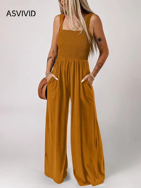 Women's Summer Plain Backless Shirred Wide Leg Cami Jumpsuit, Summer Clothes Women, Back To School Outfits, Casual Pocket Square Neck Overall Jumpsuit, Ladies Clothes for Daily Wear