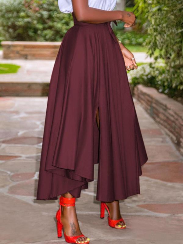 Women's Plain Belted Split Thigh Skirt, Elegant Asymmetrical Hem High Waist Long Skirt for Party Club Dating Wear, Ladies Clothes for All Seasons