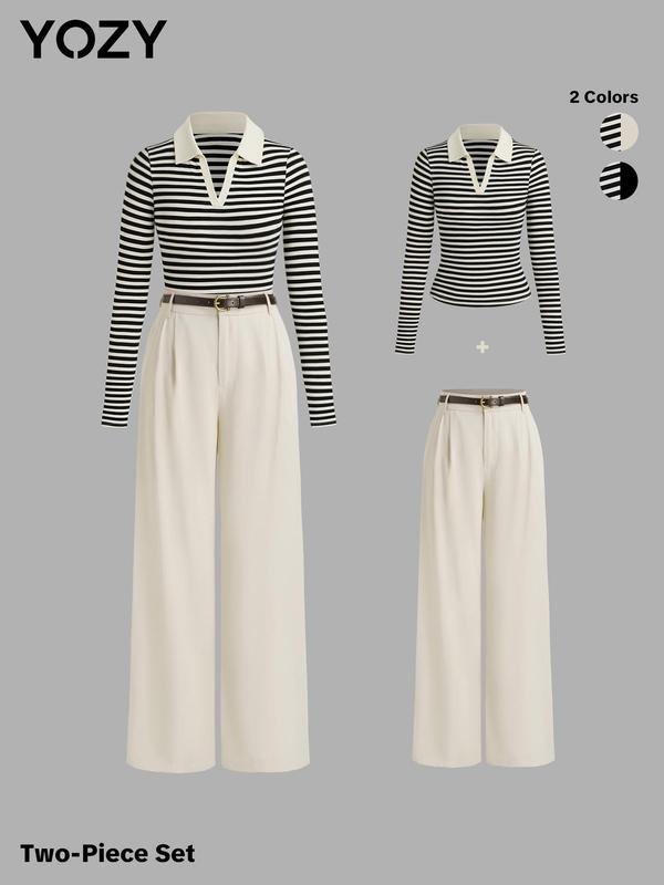 YOZY Two-Piece Set Women's Striped Patchwork Polo Neck Top & Plain Plicated Belted Pants Set, Casual Long Sleeve Top & Wide Leg Pocket Trousers for Work Office Business, Ladies Fall & Winter Clothes