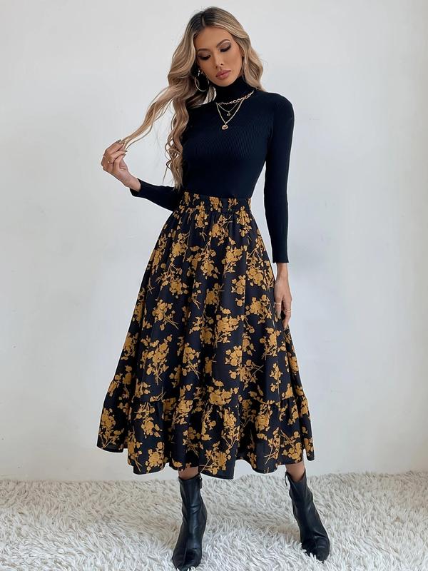 Women's Floral Print Elastic Waist A Line Vintage Skirt, Daily Skirts for Women, Elegant High Waist Midi Skirt for Vacation Holiday Party, Ladies Spring & Fall Clothes, Birthday Gifts